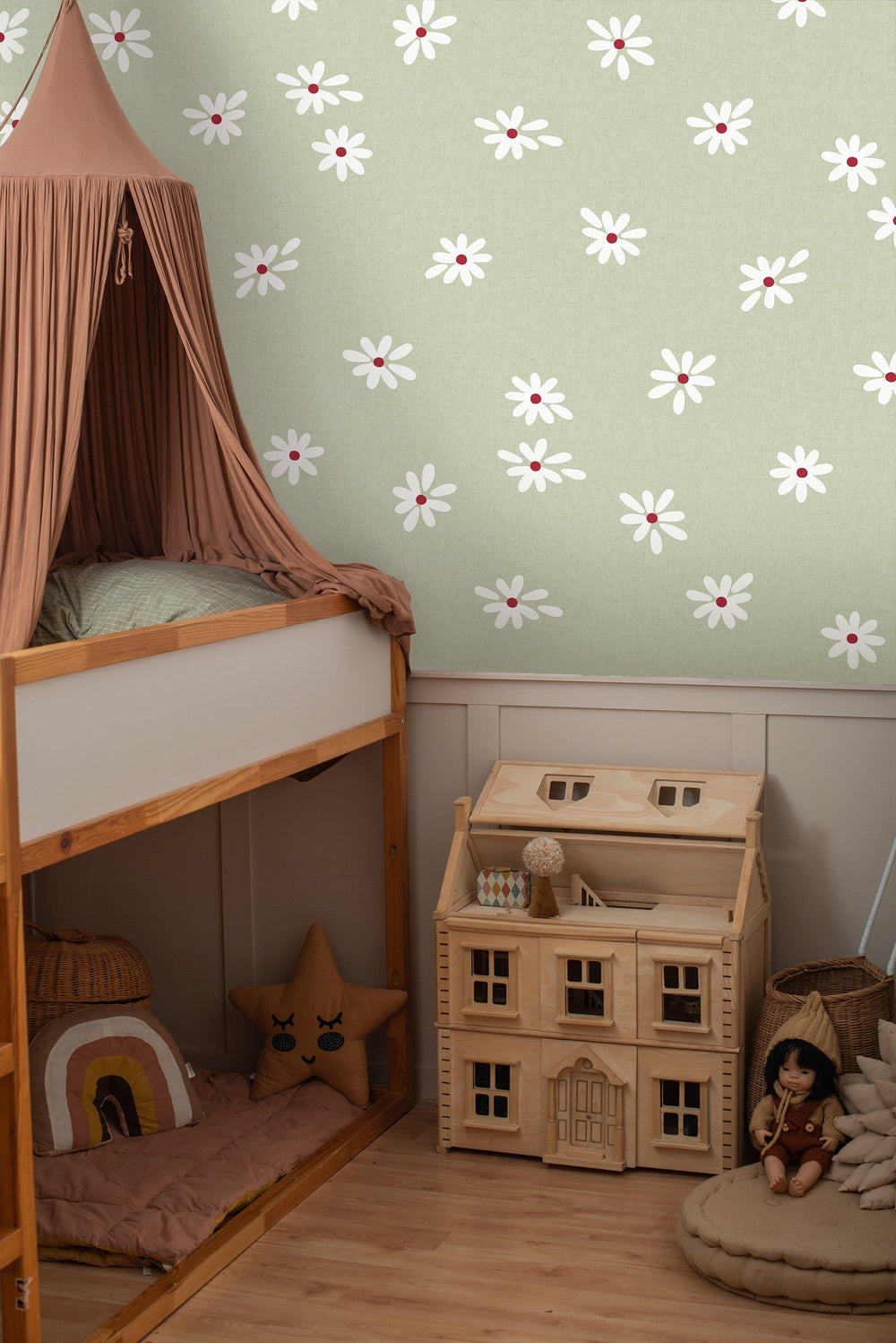 RB414 Daisy Field, kinderbehang madeliefjes, children's wallpaper daisies, Kindertapete Gänseblümchen, papier peint enfants marguerites